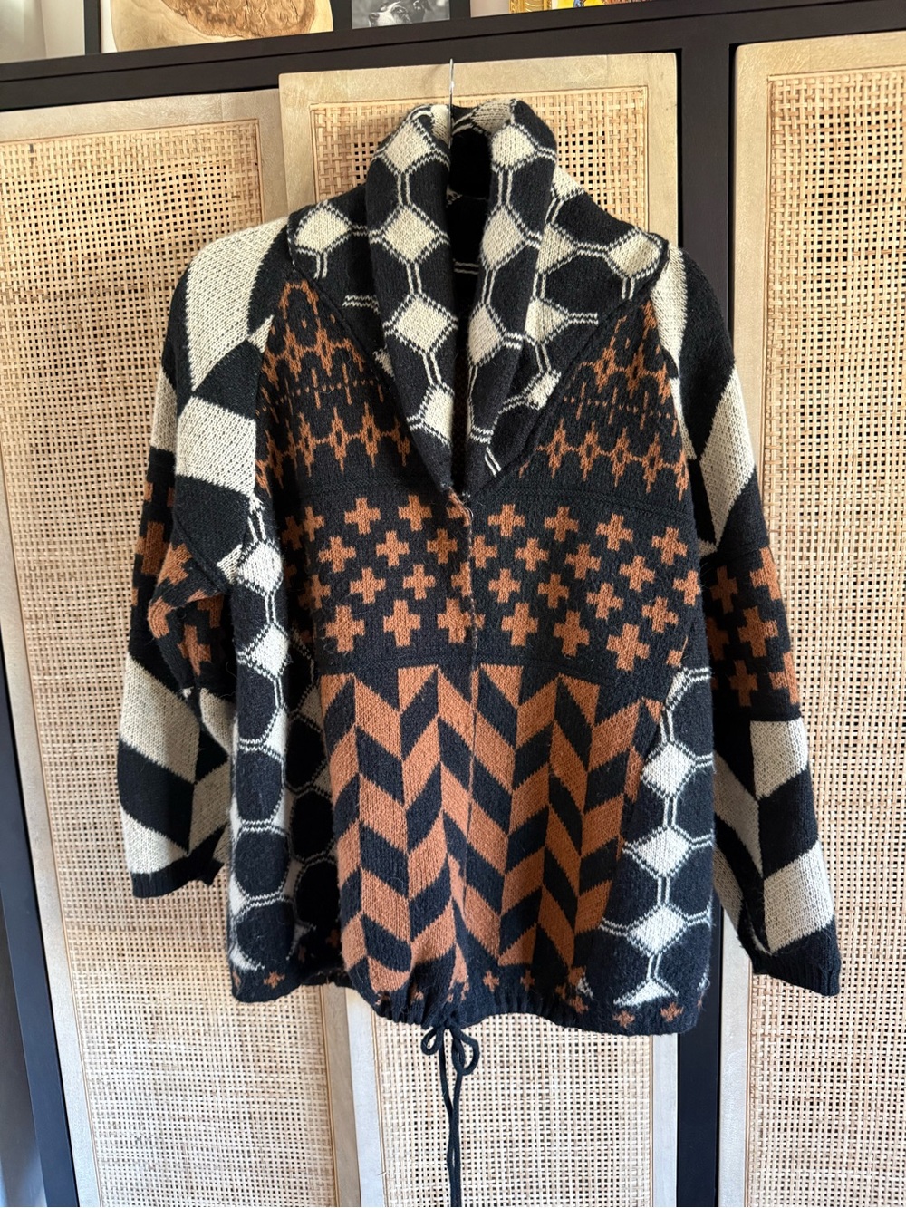 Geometric Pattern Cardigan Sweater in Black, Cream & Brown